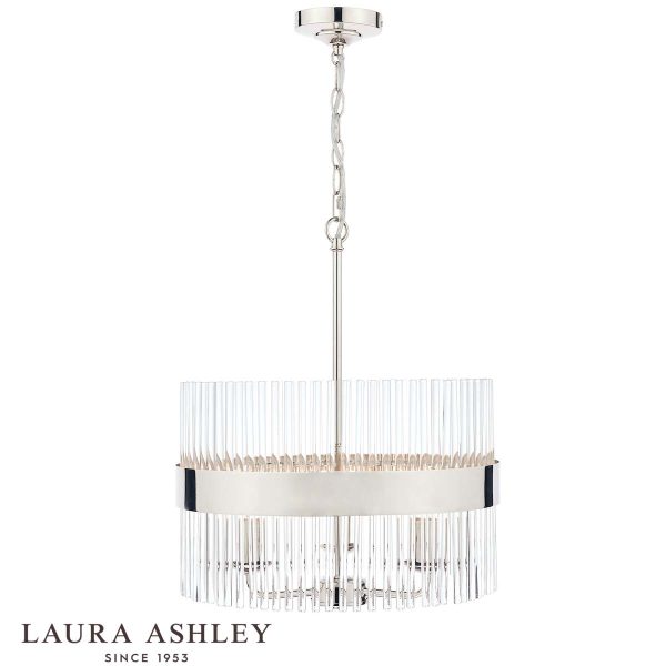 Alexa 3 light pendant in polished nickel with clear glass rods by Laura Ashley, with logo on white background.