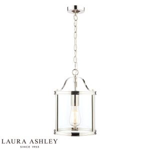 Harrington 1 light chain lantern in polished nickel with clear glass by Laura Ashley, full height on white background, lit.