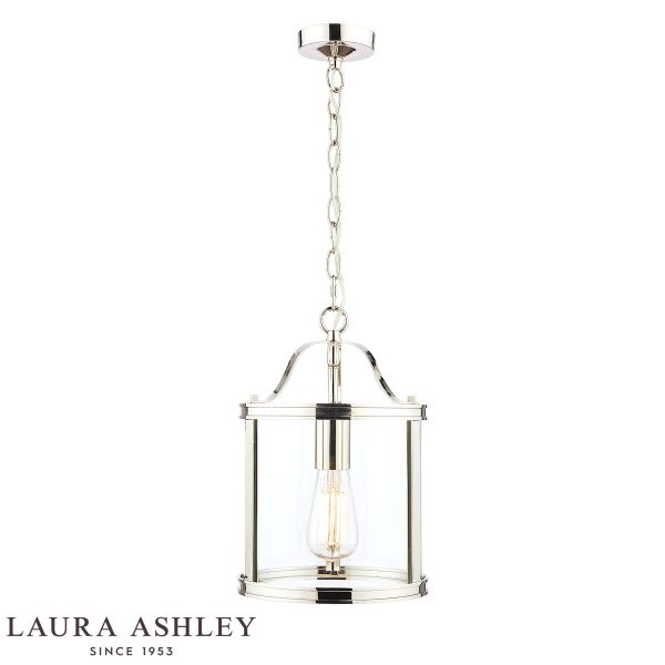 Harrington 1 light chain lantern in polished nickel with clear glass by Laura Ashley, full height on white background, lit.