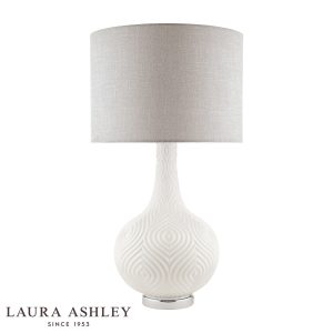 Laura Ashley Grace large table lamp in white patterned glass with grey shade, on white background unlit.