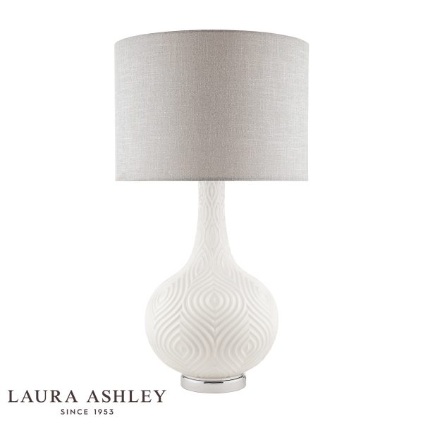 Laura Ashley Grace large table lamp in white patterned glass with grey shade, on white background unlit.