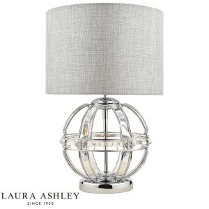 Aidan globe table lamp in polished chrome and glass with shade by Laura Ashley on white background, with logo.