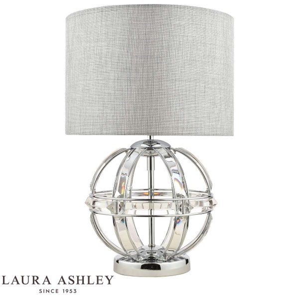 Aidan globe table lamp in polished chrome and glass with shade by Laura Ashley on white background, with logo.