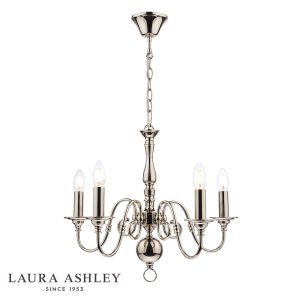 Winchester 5 light traditional polished nickel chandelier by Laura Ashley, full height on white background.