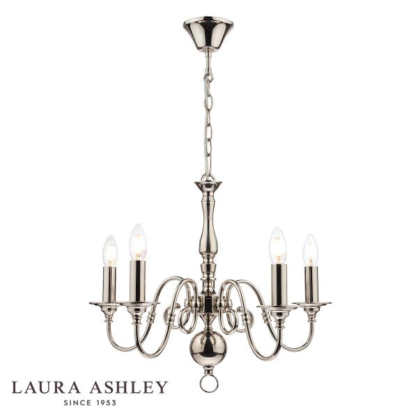 Winchester 5 light traditional polished nickel chandelier by Laura Ashley, full height on white background.