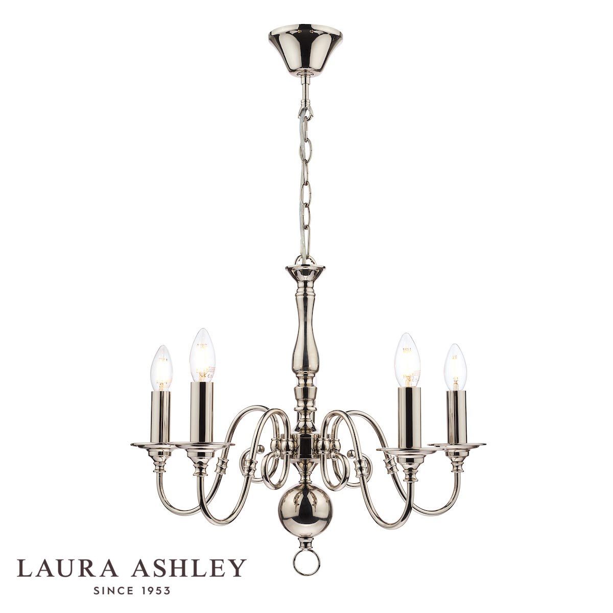 Winchester 5 light traditional polished nickel chandelier by Laura Ashley, full height on white background.