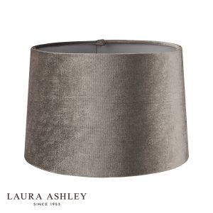 Laura Ashley grey velvet lamp shade in 10″ diameter, on white background unlit.