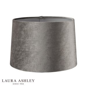 Laura Ashley grey velvet lamp shade in 12″ diameter, on white background unlit.