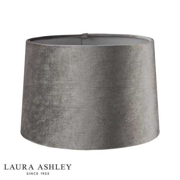Laura Ashley grey velvet lamp shade in 12″ diameter, on white background unlit.