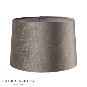 Laura Ashley grey velvet lamp shade in 14″ diameter, on white background unlit.
