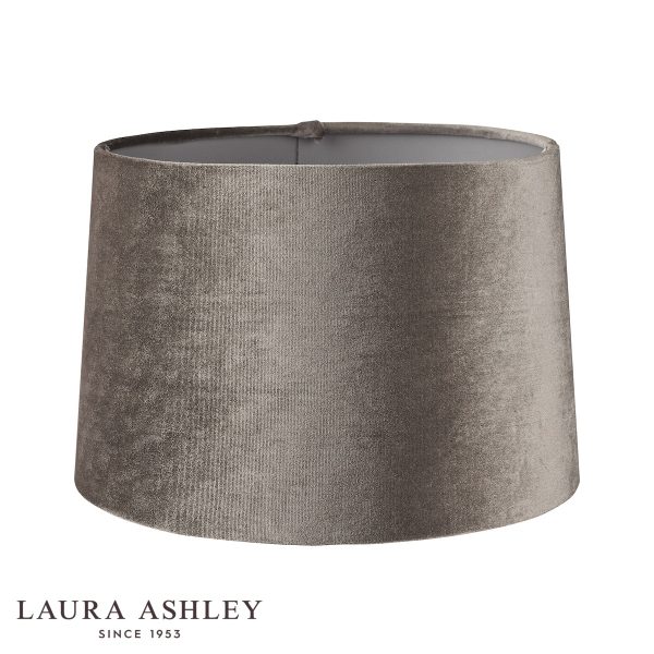 Laura Ashley grey velvet lamp shade in 14″ diameter, on white background unlit.