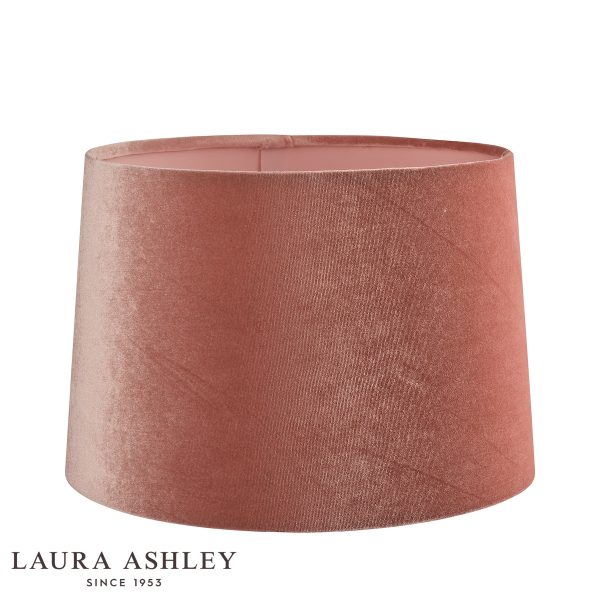 Laura Ashley blush pink velvet lamp shade in 10″ diameter, on white background unlit.
