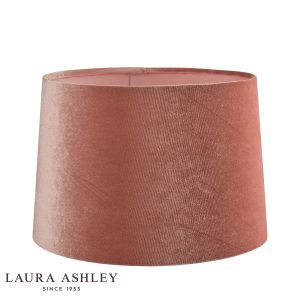 Laura Ashley blush pink velvet lamp shade in 12″ diameter, on white background unlit.