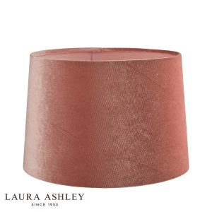 Laura Ashley blush pink velvet lamp shade in 14″ diameter, unlit on white background.