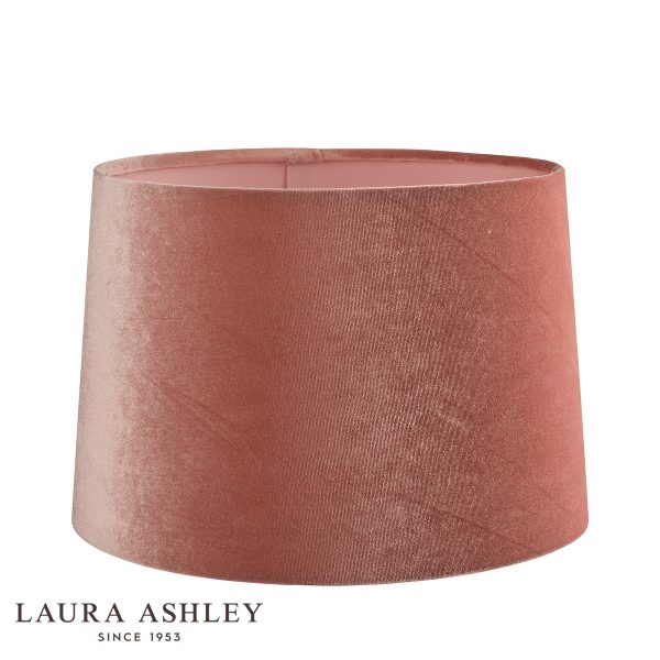 Laura Ashley blush pink velvet lamp shade in 14″ diameter, unlit on white background.