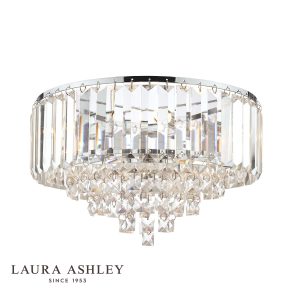 Laura Ashley Vienna crystal 3 light flush ceiling light in polished chrome on white background, lit.