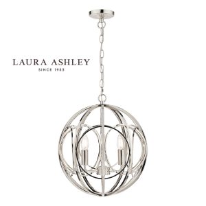 Orbital 3 light ceiling pendant in polished nickel by Laura Ashley, full height on white background.