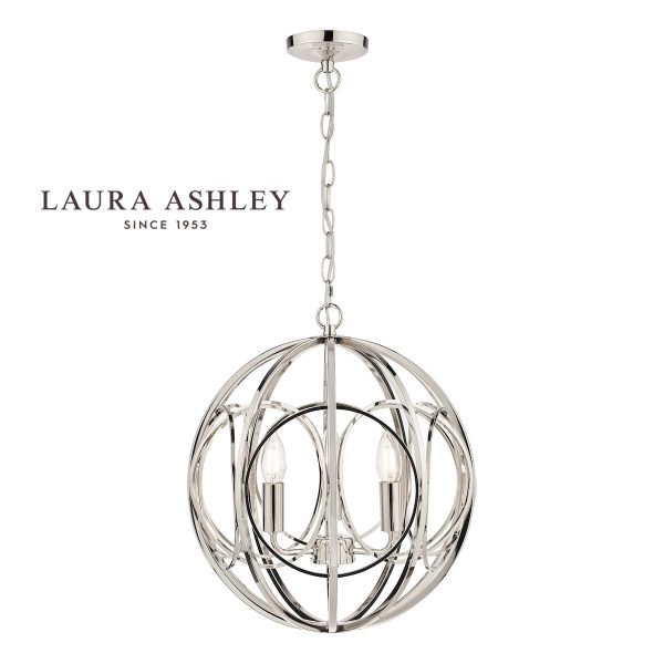 Orbital 3 light ceiling pendant in polished nickel by Laura Ashley, full height on white background.