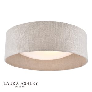 Laura Ashley Bacall 2 light flush with silver linen shade, on white background, lit.