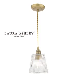 Laura Ashley Callaghan single light pendant in antique brass, full height on white background lit.