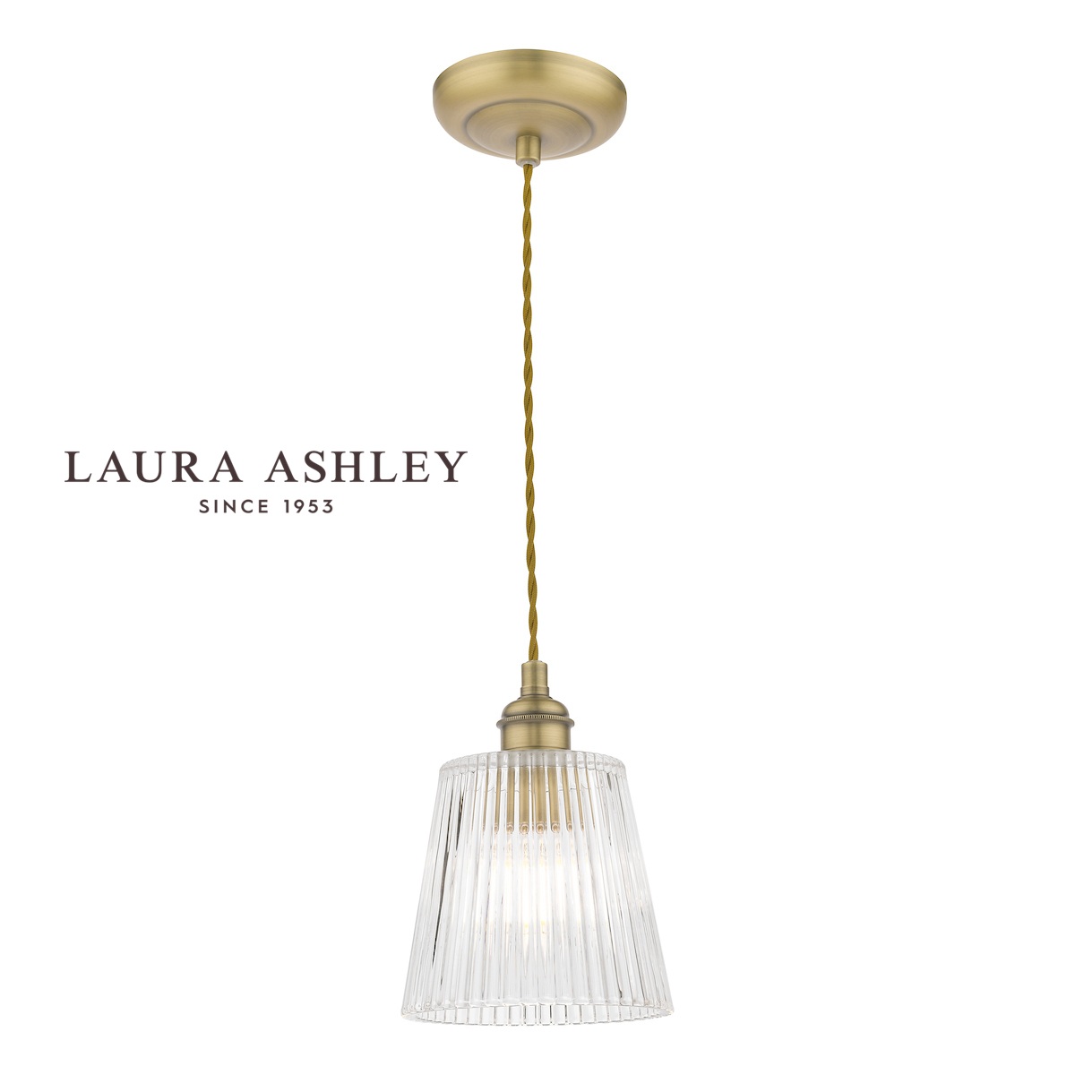 Laura Ashley Callaghan single light pendant in antique brass, full height on white background lit.