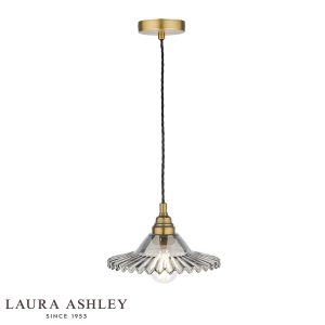 Pippa pendant light in aged brass with smoked glass shade, full height on white background.