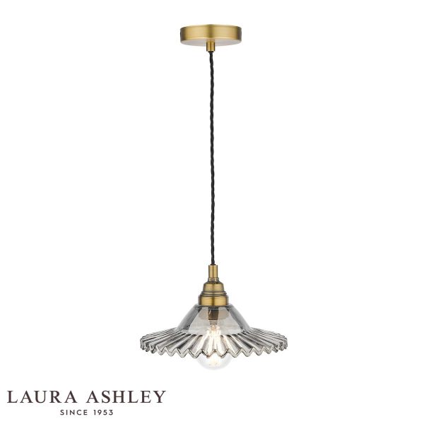 Pippa pendant light in aged brass with smoked glass shade, full height on white background.