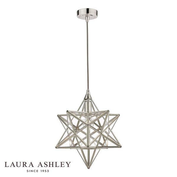 Laura Ashley small Star pendant lantern in polished silver, full height on white background.