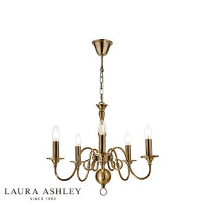 Winchester 5 light antique brass chandelier by Laura Ashley with traditional Flemish style on white background.