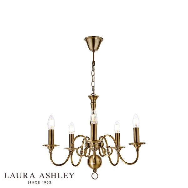 Winchester 5 light antique brass chandelier by Laura Ashley with traditional Flemish style on white background.