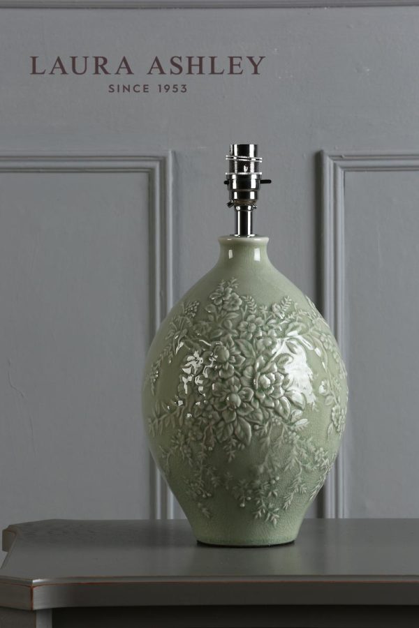 Laura Ashley Picardie green ceramic table lamp base only with polished chrome metalwork, shown without shade on sideboard.