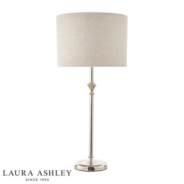 Laura Ashley Highgrove table lamp in polished nickel with natural linen shade, on white background, lit.