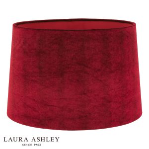 Laura Ashley cranberry red velvet lamp shade in 14″ diameter, on white background.