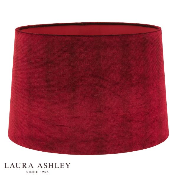 Laura Ashley cranberry red velvet lamp shade in 14″ diameter, on white background.