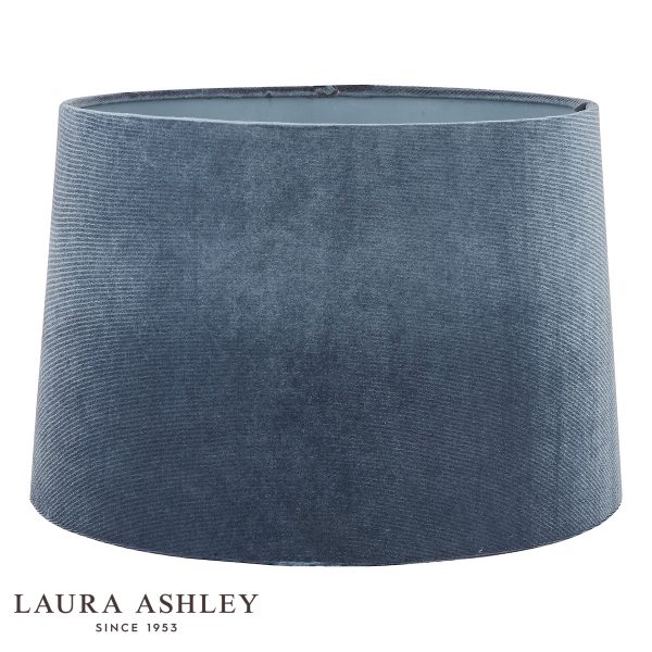 Laura Ashley seaspray blue Velvet lamp shade, 14" diameter on white background.