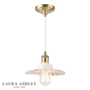 Beca small white ceramic pendant light in antique brass finish by Laura Ashley on white background, with logo.