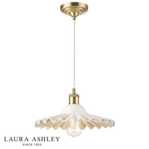 Beca large white ceramic pendant light in antique brass finish by Laura Ashley on white background, with logo.