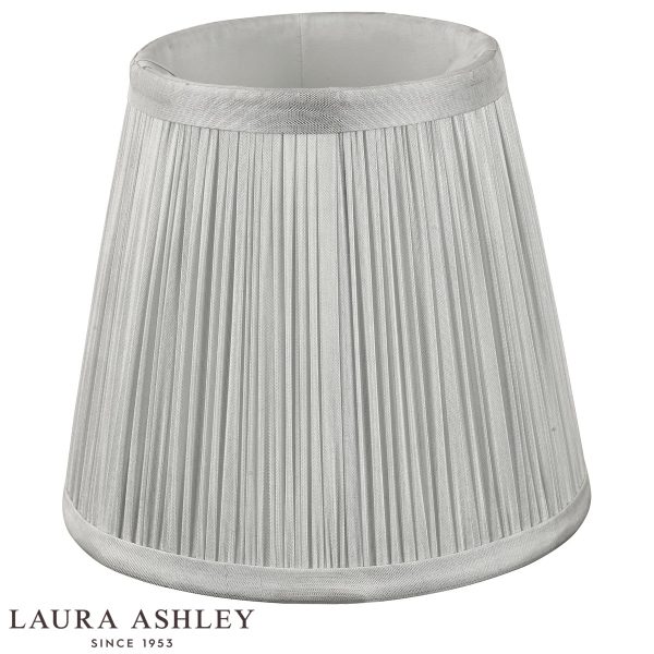 Laura Ashley Bacall 5 inch silver linen clip on shade, unlit on white background.