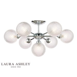 Atherton 7 light semi flush ceiling light in polished chrome with textured glass globe shades by Laura Ashley on white background, with logo.
