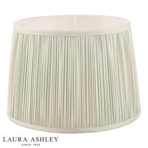 Laura Ashley Hemsley 10-inch diameter pleated sage silk drum shade, on white background, unlit.