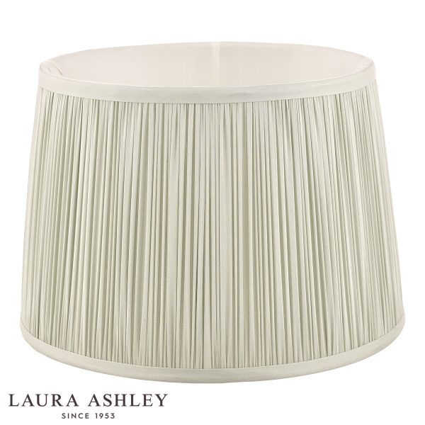 Laura Ashley Hemsley 10-inch diameter pleated sage silk drum shade, on white background, unlit.