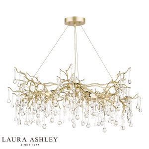 Willow 5 light pendant in satin champagne finish with crystal drops by Laura Ashley, on white background, lit.