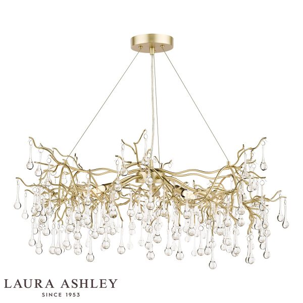 Willow 5 light pendant in satin champagne finish with crystal drops by Laura Ashley, on white background, lit.