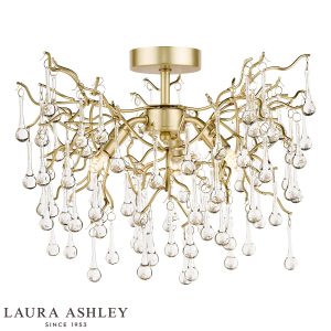 Willow 3 light semi flush in satin champagne finish with crystal drops by Laura Ashley, on white background, lit.