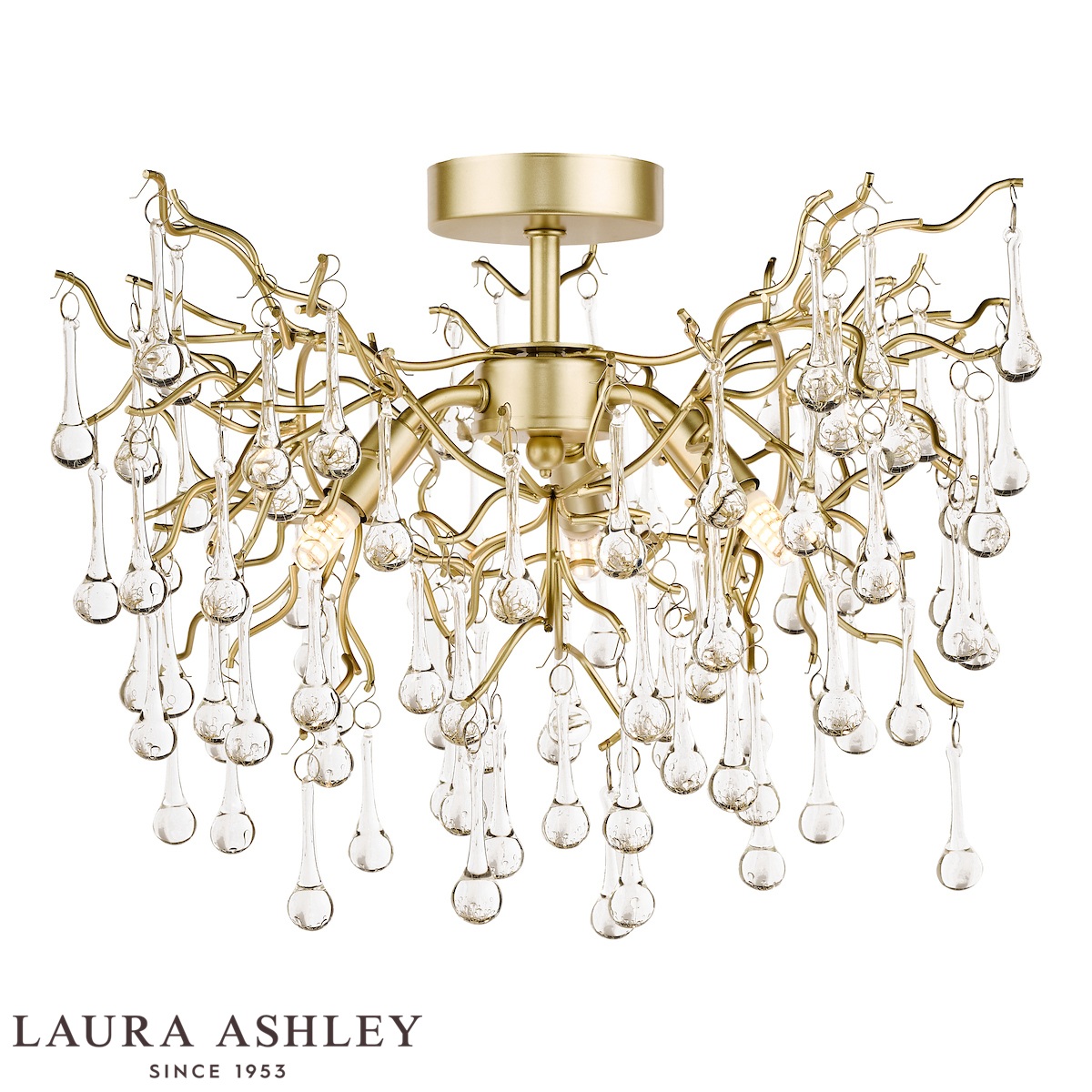 Willow 3 light semi flush in satin champagne finish with crystal drops by Laura Ashley, on white background, lit.