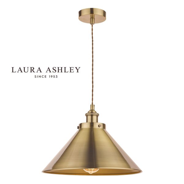 Laura Ashley Rufus single light pendant in a superior antique brass, full height on white background.