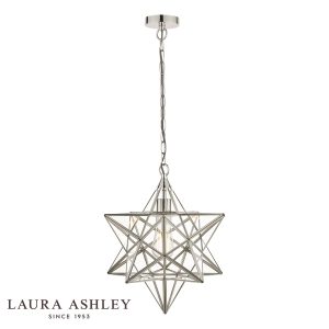 Laura Ashley large Star pendant lantern in polished silver on white background, lit.