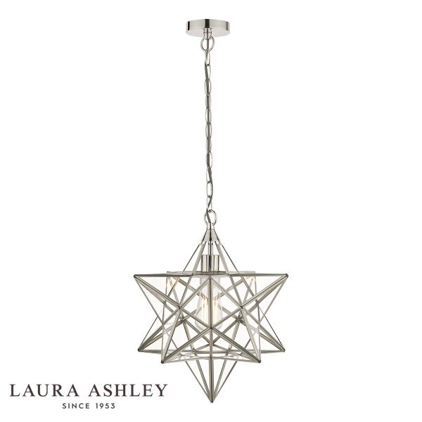 Laura Ashley large Star pendant lantern in polished silver on white background, lit.