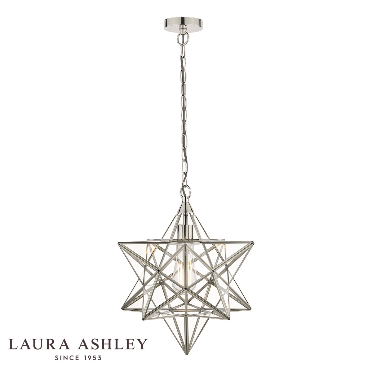Laura Ashley large Star pendant lantern in polished silver on white background, lit.