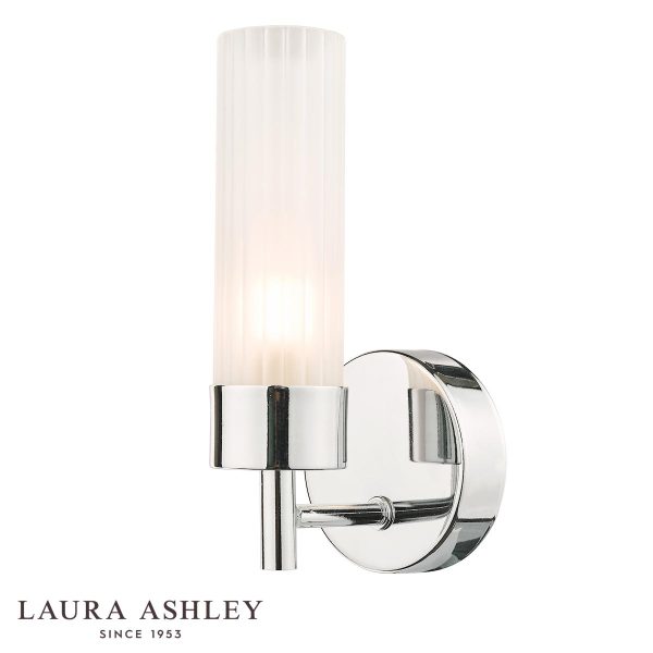 Howard bathroom wall light in polished chrome with ribbed frosted glass shade, shown with the Laura Ashley logo on white background.